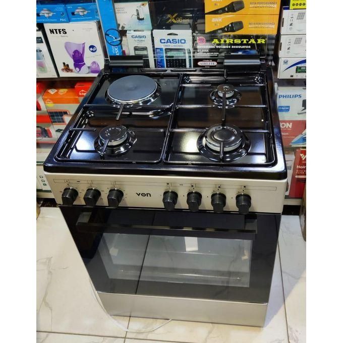 Von Cooker VCF653131NSY is a 60x55cm 3 Gas+1 Electric, 60cm by 55cm, Standing Gas Cooker with Electric Oven