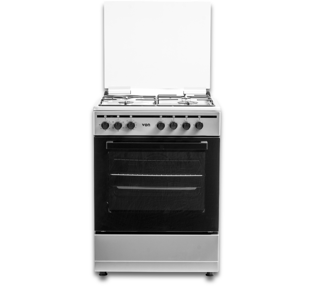 Von Cooker 3 Gas + 1Hotplate Electric oven with Fan And Gas Sensor VCF653151FSY Thick Enamel Inox Grey